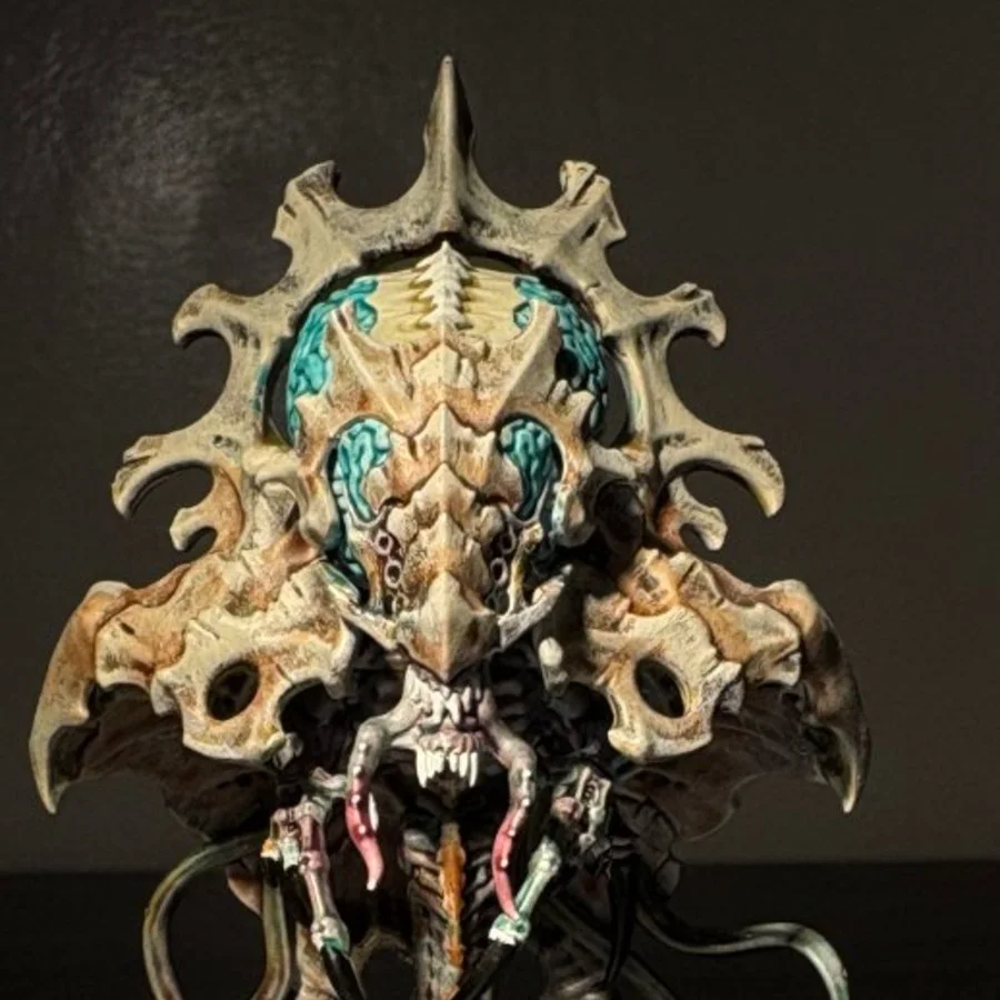 Close-up of a bone head crest and teal brain